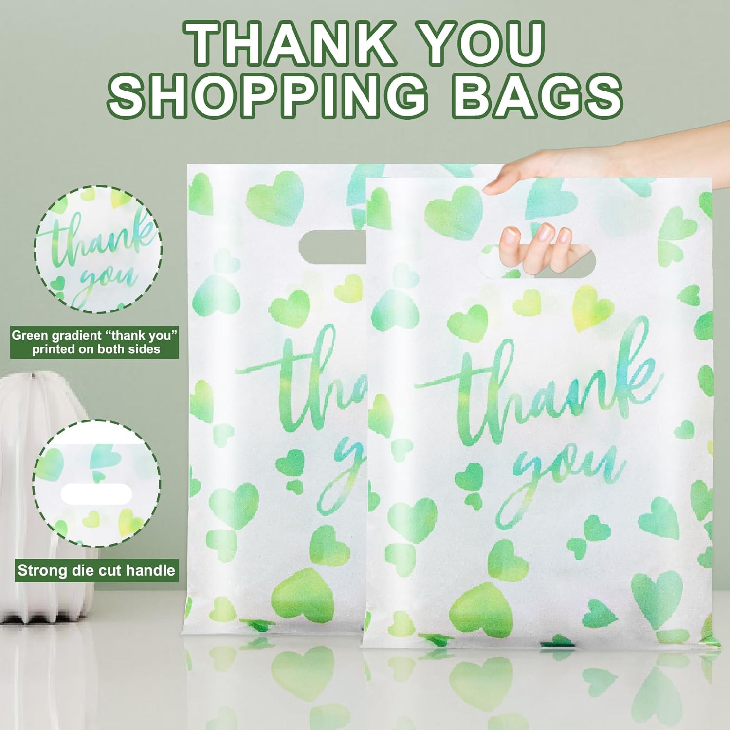 WAKAKO Bulk 50 Green Thank You Shopping Bags with Handles – Durable Plastic Retail Bags for Business Small, Boutique, Gifts, Merchandise (Medium 13.7"x9.8") – Fits Accessories & Jewelry - Image 4