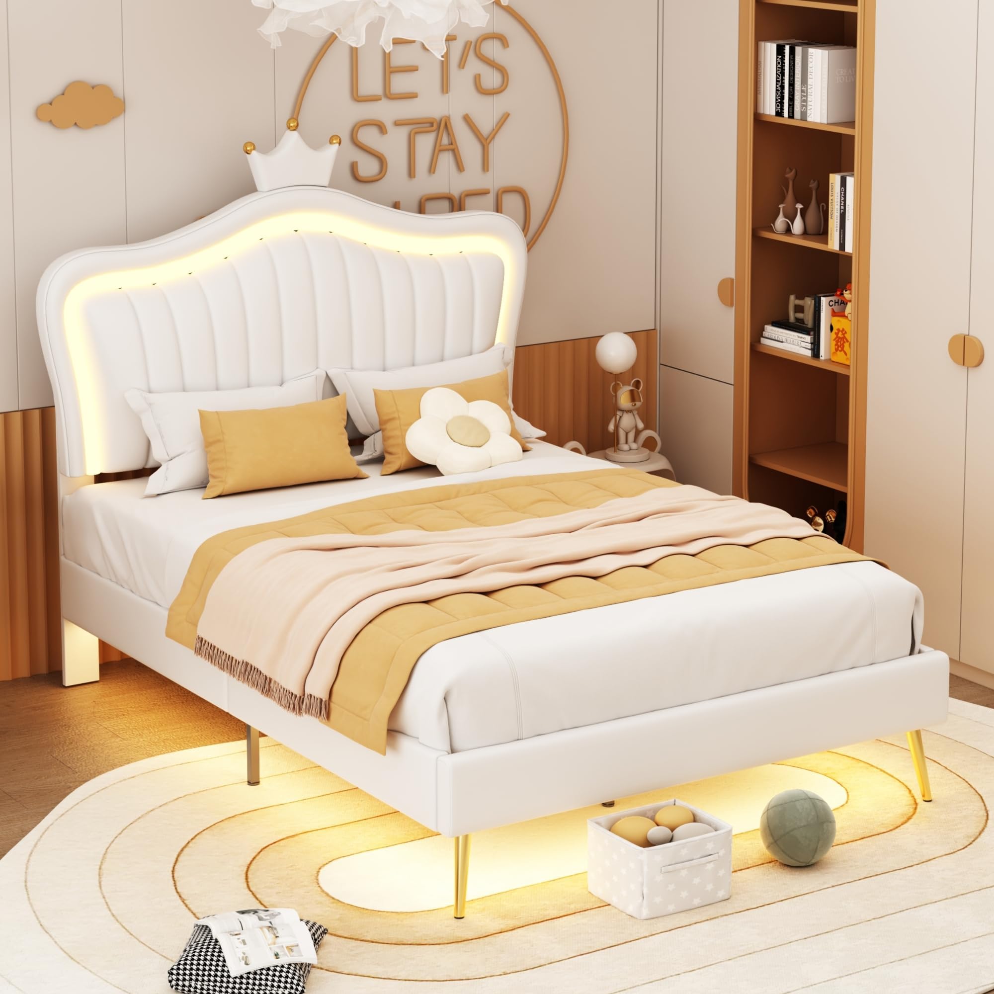 Full Size Bed Frame with LED Lights, Upholstered Platform Princess Bed with Crown Headboard for Kids, Girls, No Box Spring Needed,White