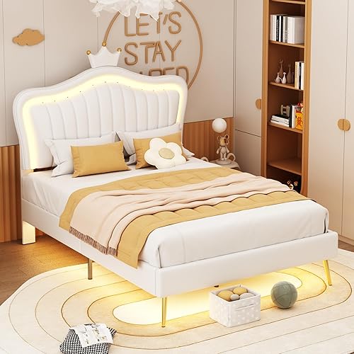 Miniatura 10 de DEINPPA Cama de plataforma de princesa con cabecera LED tapizada, marco de cama para niños con diseño de elementos de corona, no necesita somier,