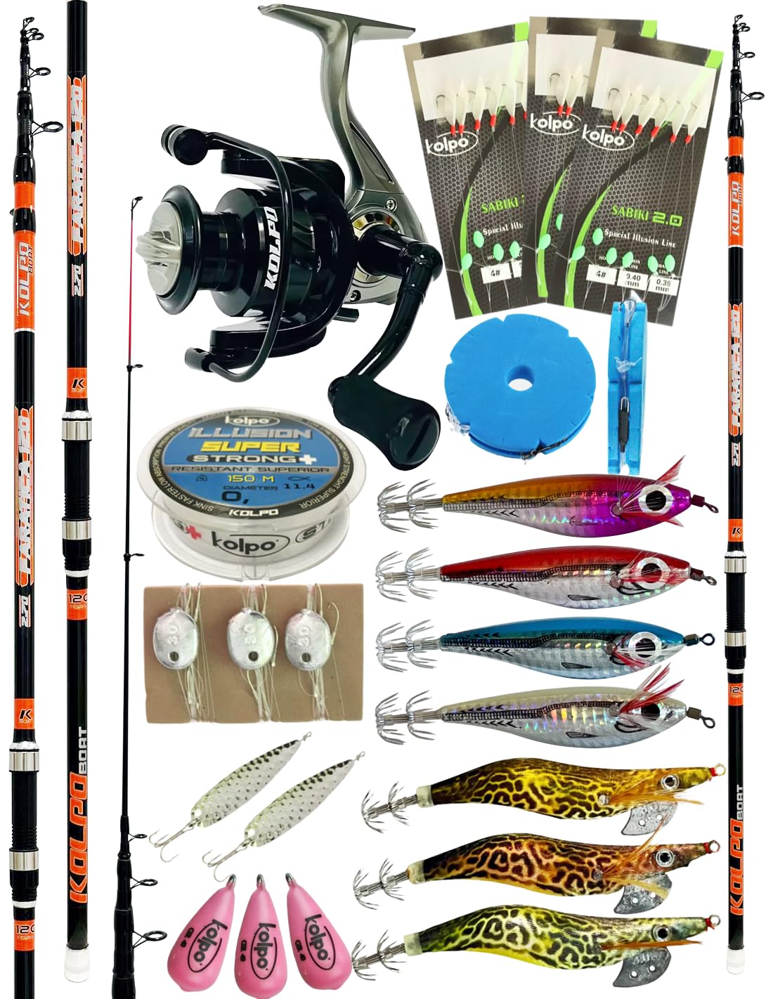 kolpo combo da pesca dalla barca PROFESSIONALE canna telescopica + mulinello + filo + 3 lenze pronte sabiki + 3 piombi + 3 montature 3 ami + lenza professionale con ami + 7 totanare + 2 ondulanti