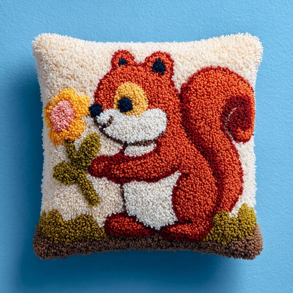 Taxpy Latch Hook Cushion Kits 17X17Inch, Squirrels and Flowers Latch Hook Pillow Case Kits Embroidery Kit, DIY Needlework Pillow Cover Cushion Rug Making Kit