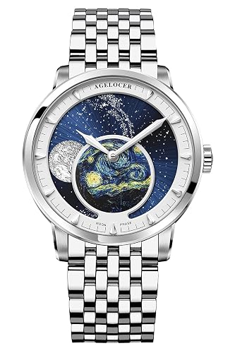 agelocer Mechanische blaue Mondphasen-Armbanduhr für Herren, 40 mm, 3D-Metall-Zifferblatt, 80H Gangreserve, Saphirglas, 316L Stahlband (LQ_6401A9), Lq_6401a9