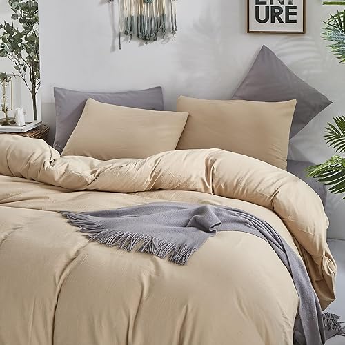 Miniatura 5 de CLOTHKNOW Juego de edredón color champán, juego de ropa de cama tamaño King, color beige, edredón de color marrón claro, juego de ropa de cama de 3
