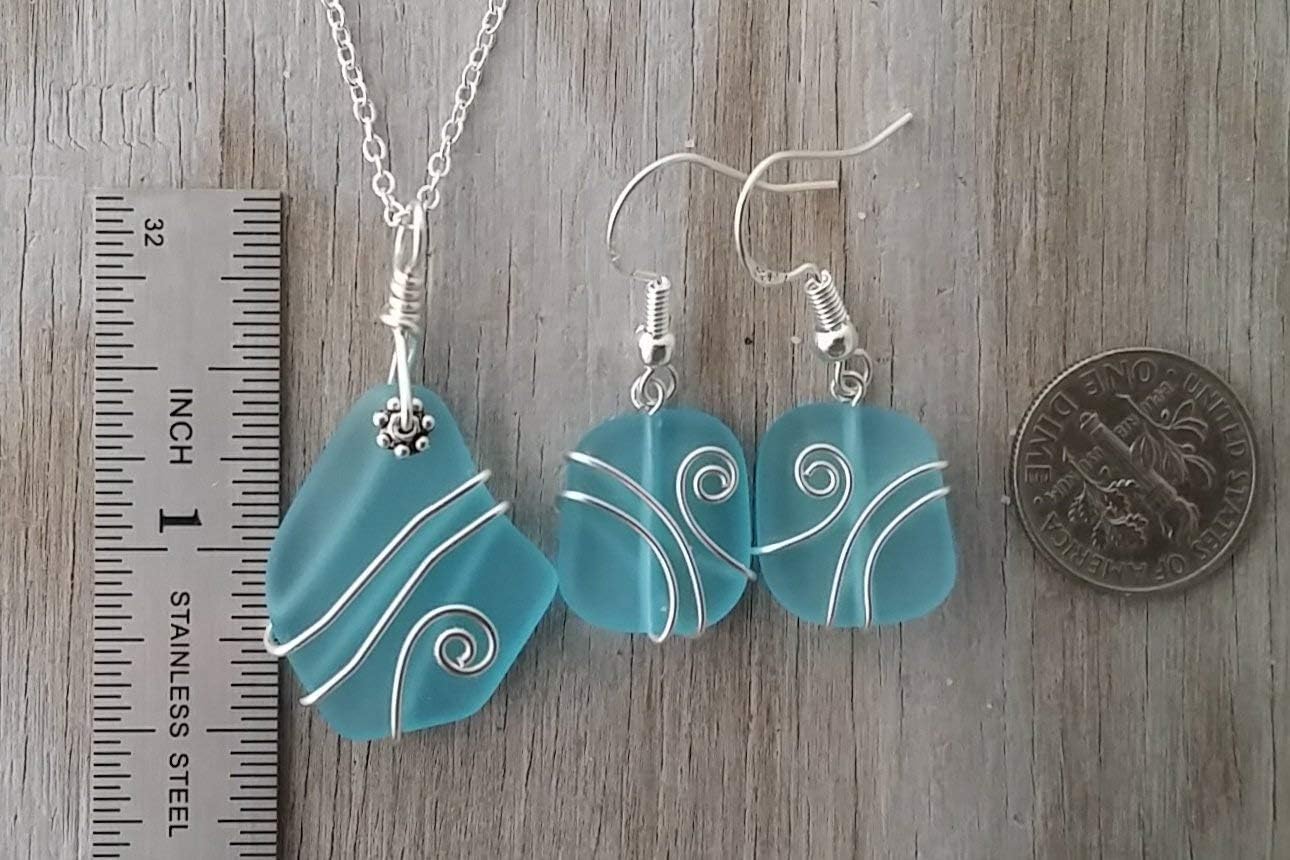 Handmade wire wrapped blue sea glass Necklace+Earrings Set, (Hawaii Gift Wrapped, Customizable Gift Message)
