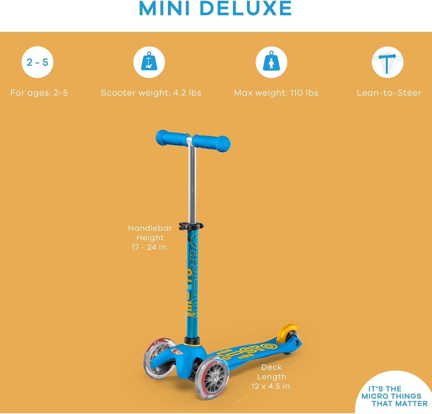 Micro Kickboard | Mini Kids Scooter for Ages 2-5 | Children up to 110 lbs | 3 Wheel Lean-to-Steer Design | Adjustable T Bar | Smooth Ride PU Wheels | Swiss Design