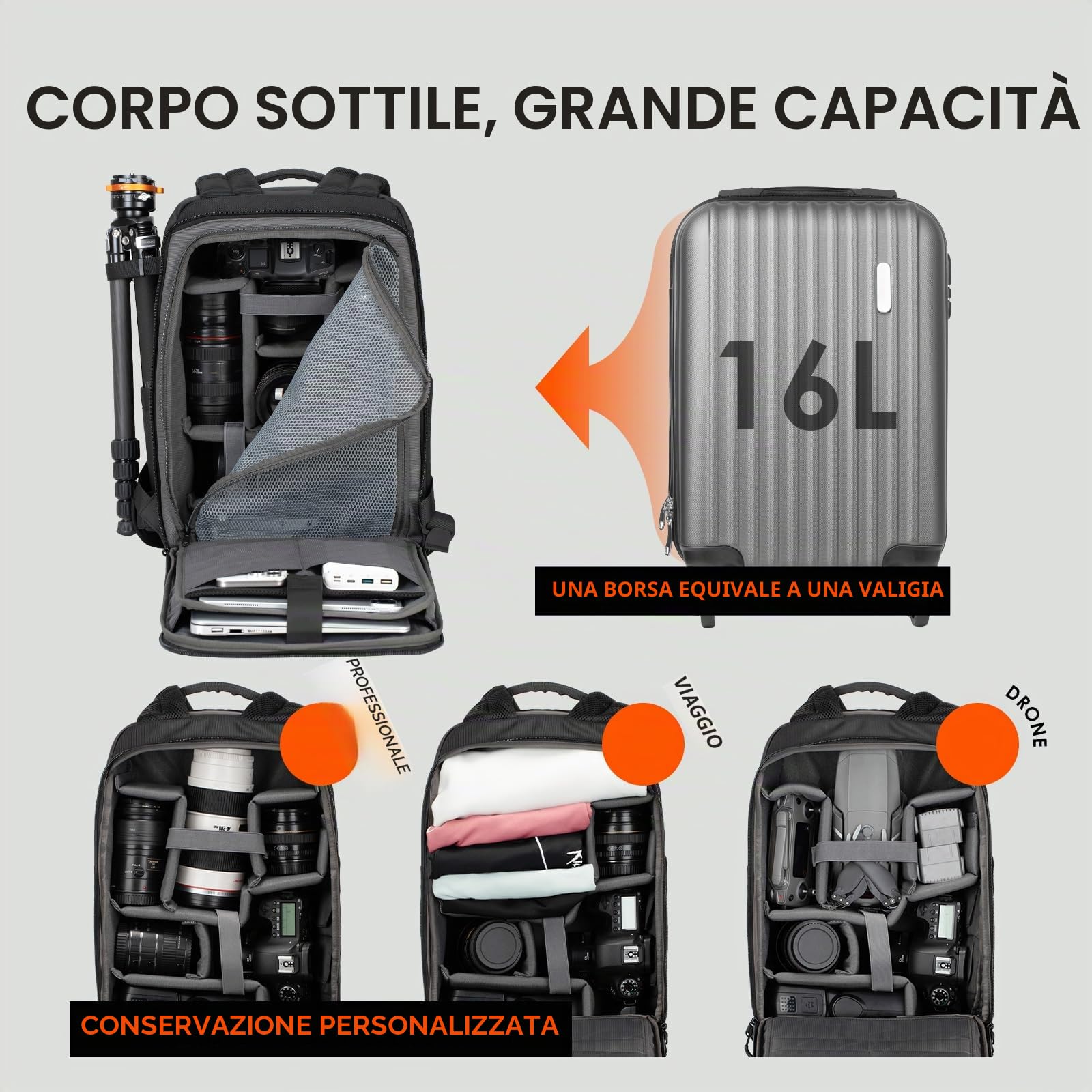 TARION Zaino Fotografico Grande Capacità: Zaino Impermeabile per Fotocamera Con Scomparto per Laptop da 16'' Borsa Fotografica Con Copertura Antipioggia TR-XL(Nero)