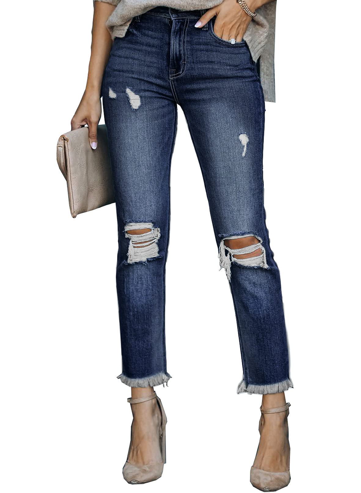 BdcocoWomens Pull-on Stretch Distressed Denim Joggers Loose Elastic Waist Pants