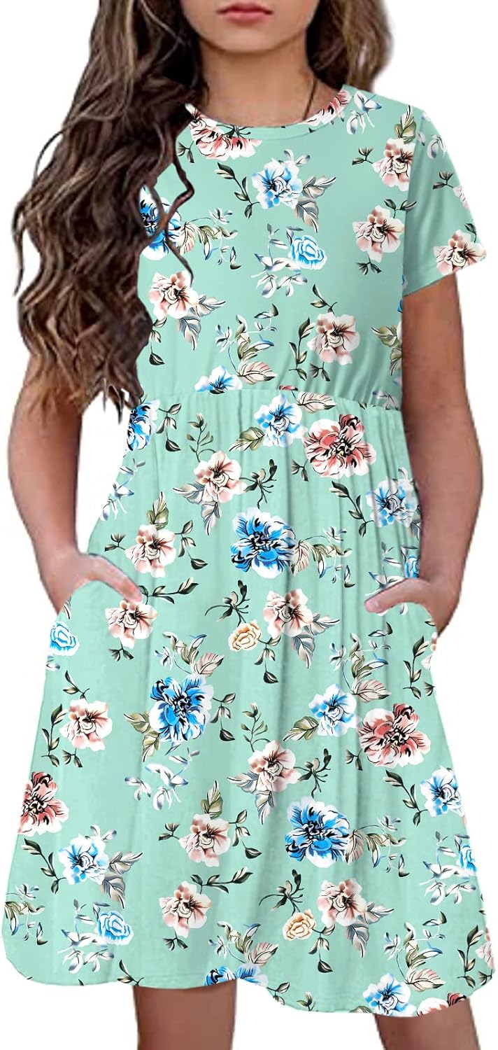 KYMIDY Girls Short Sleeve Floral Dress Kids Boho Casual Twirly Skater Dress with Pockets for Girls 6-13 Years - Image 2