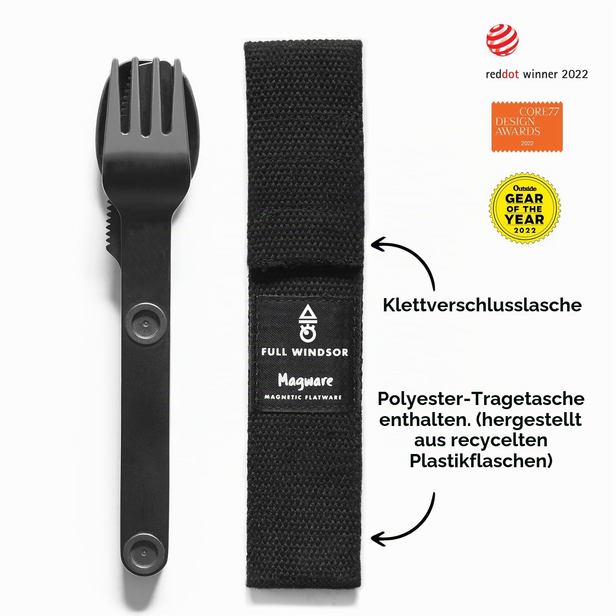 FULL WINDSOR Magware Magnetisches Camping-Besteck-Set, Reiseutensilien für Camping, Kochen und Essen im Freien, Messer, Gabel und Löffel, tragbares Besteck mit Tasche, Schwarz, 3 Stück