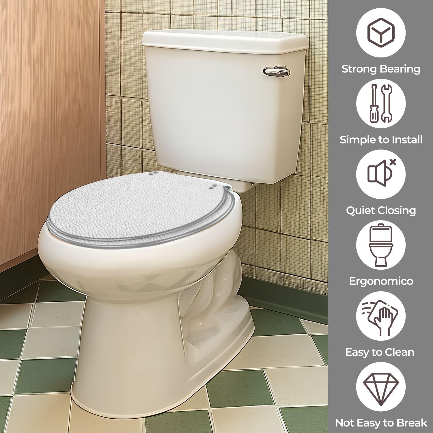Asiento de inodoro redondo genérico de resina blanca, bisagras de liberación rápida para baño.