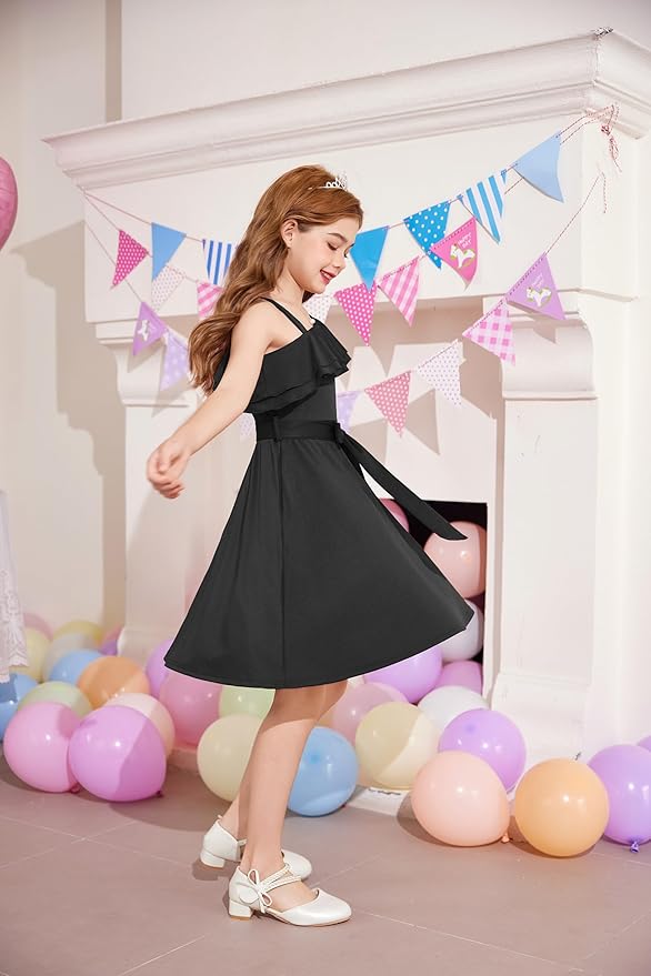 Arshiner Girls Summer Dress Puff Sleeves Chiffon Dress A Line Layered Dress Square Collar Kids Dress Swing Party Dresses with Belt 5-12 Years Blue 5-6 Years