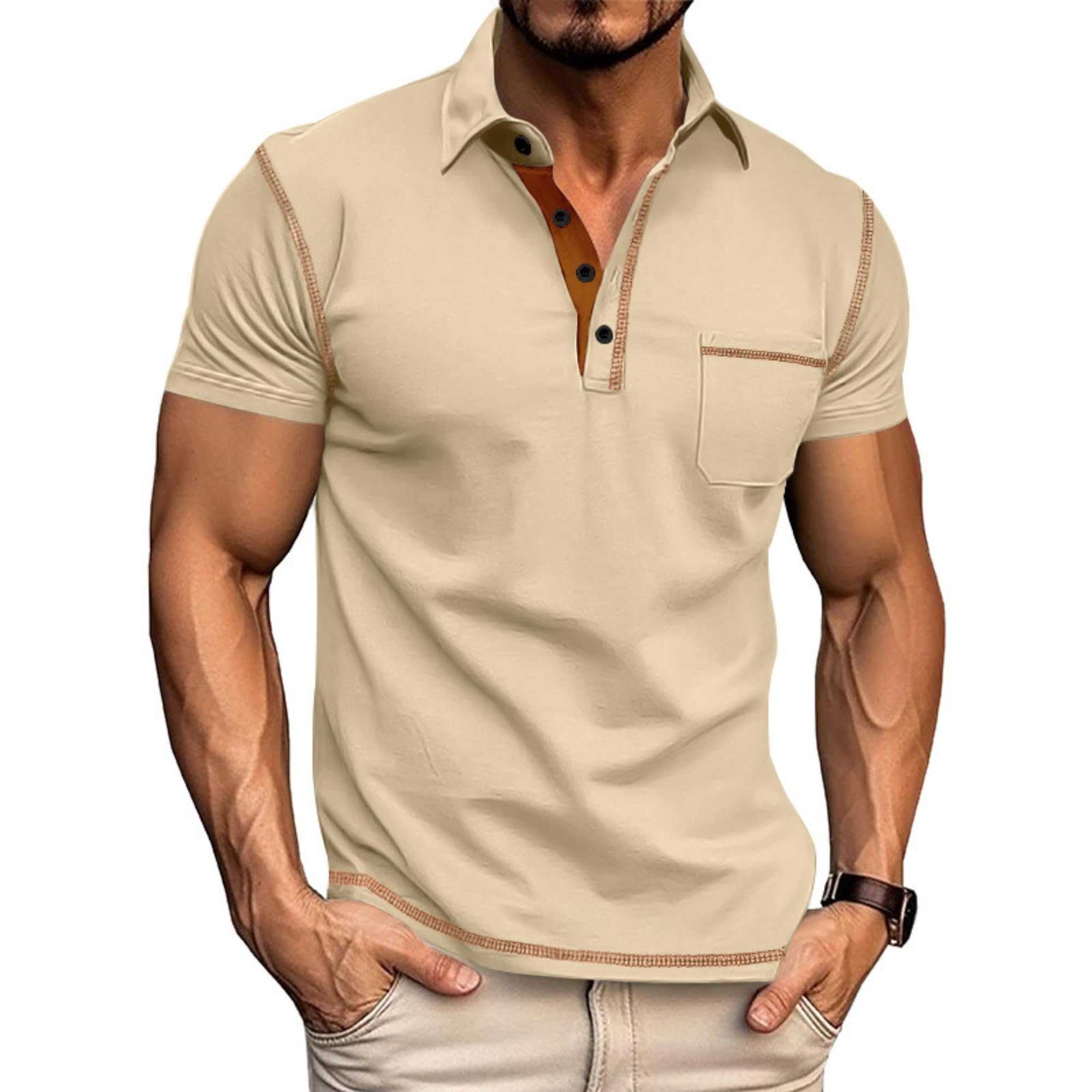 ZOCAVIA Men's Summer Polo Shirts Casual Solid Color Short Sleeve Tees Trendy Button Collared V Neck Slim Fit Tops Pocket
