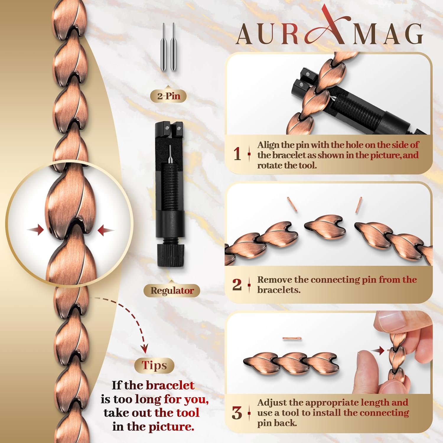 Pure Copper Bracelets for Women, Ultra Strength Magnetic Bracelets & Copper Rings, 100% Pure Copper Jewelry with Adjustable Tool - Image 6