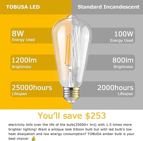 Miniatura 4 de TOBUSA Bombillas LED Edison regulables equivalentes a 100 W, bombilla vintage de 2700 K blanco cálido (vidrio ámbar), bombillas de filamento LED