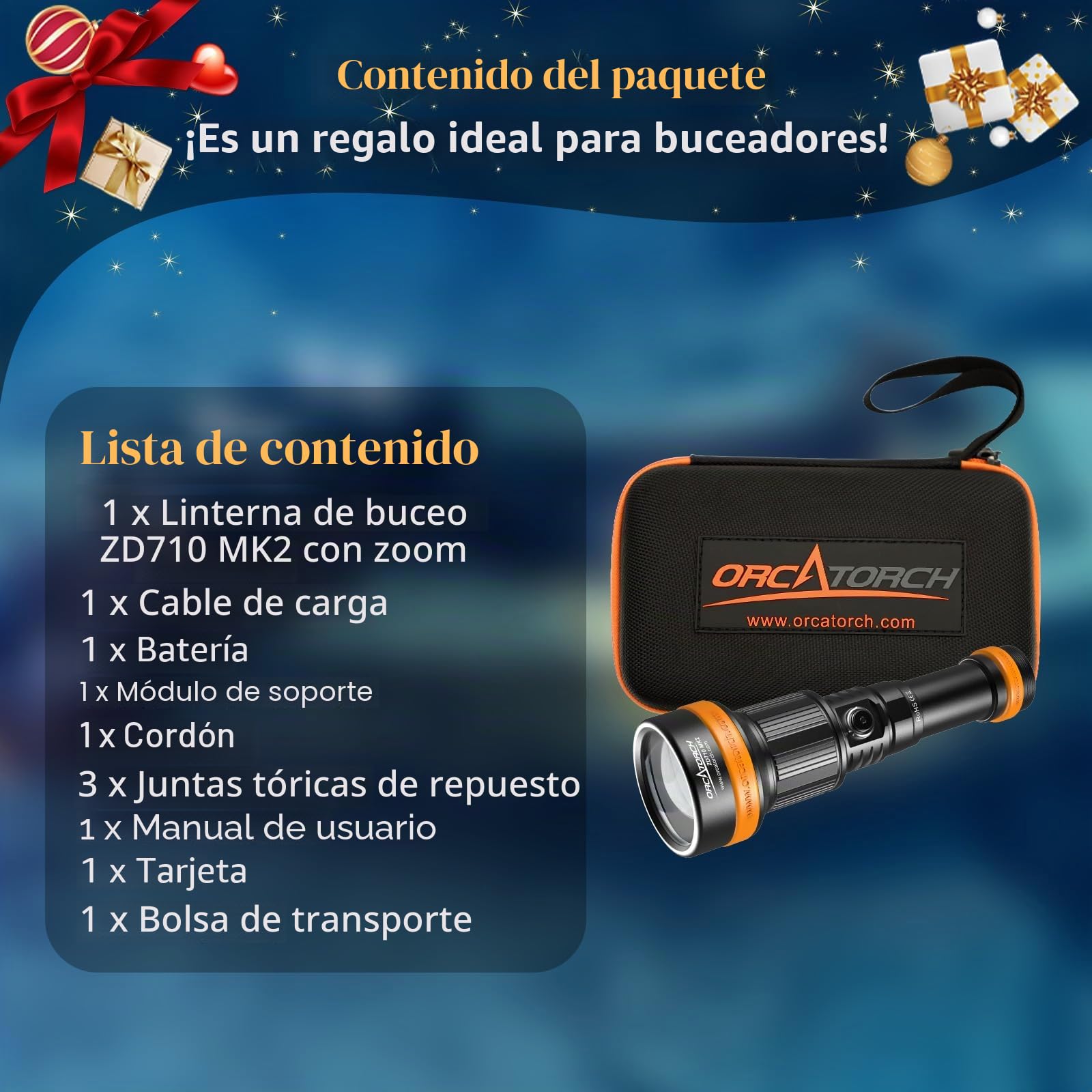 ORCATORCH ZD710MK2 4°-72° Zoom Linterna Buceo,1500 Lúmenes Linterna Submarina LED con 4 Modos 2 en 1 Luz Focalizada y Amplia,IP68 Impermeable Linterna de Buceo hasta 150M para Buceo Técnico y Nocturno