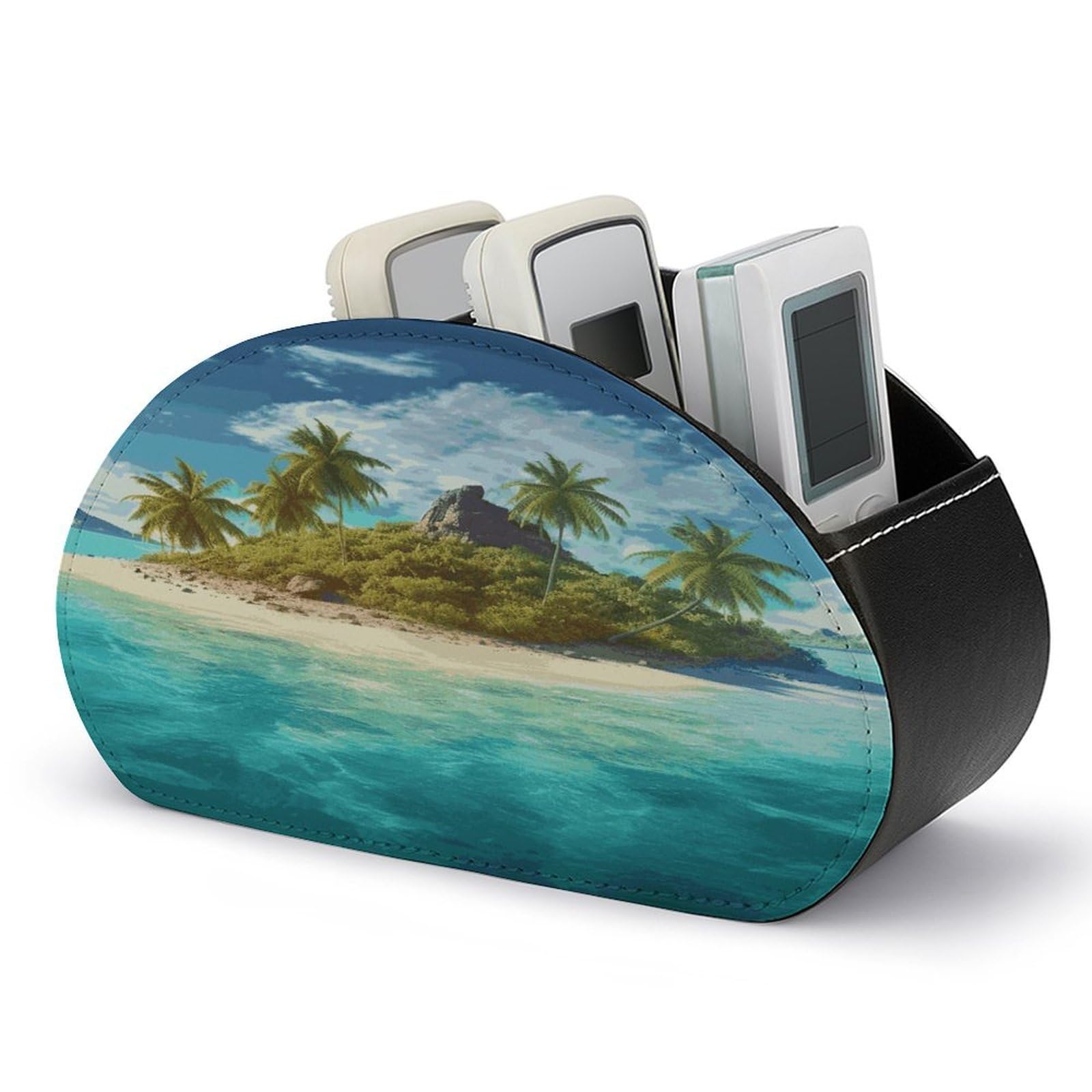 FekiLoot Tropical Island Remote Control Holder, PU Leather Remote Control Organizer Box Stationery Remote Control Box Desk Storage Organizer for DVDs,Glasses,Pens,Media Players