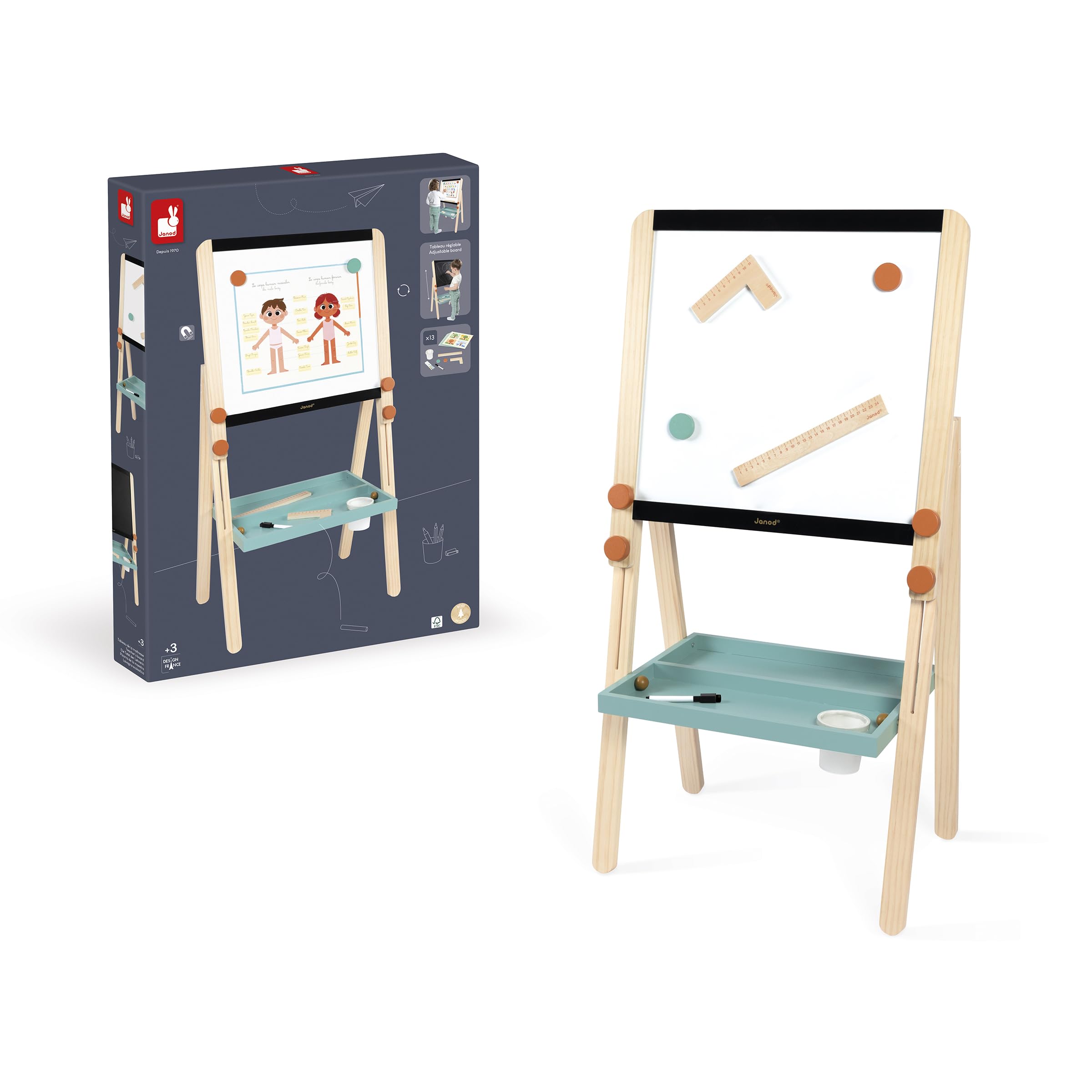 Janod - Pizarra Doble Cara de Madera Ajustable en Altura - Pizarra Blanca magnética + tizas - 18 Accesorios incluidos - A Partir de 3 años