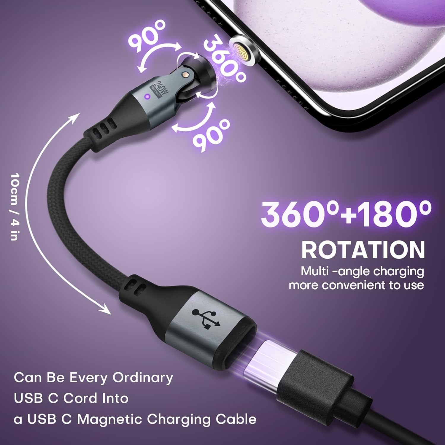 EndleesShine Magnetic USB Adapter Type C to C with 10cm Short Cable 9PIN PD 240W Fast Charging USB-C 540° Rotation Swivel Connector 480MBPS (4 Cable 4Tips Set)