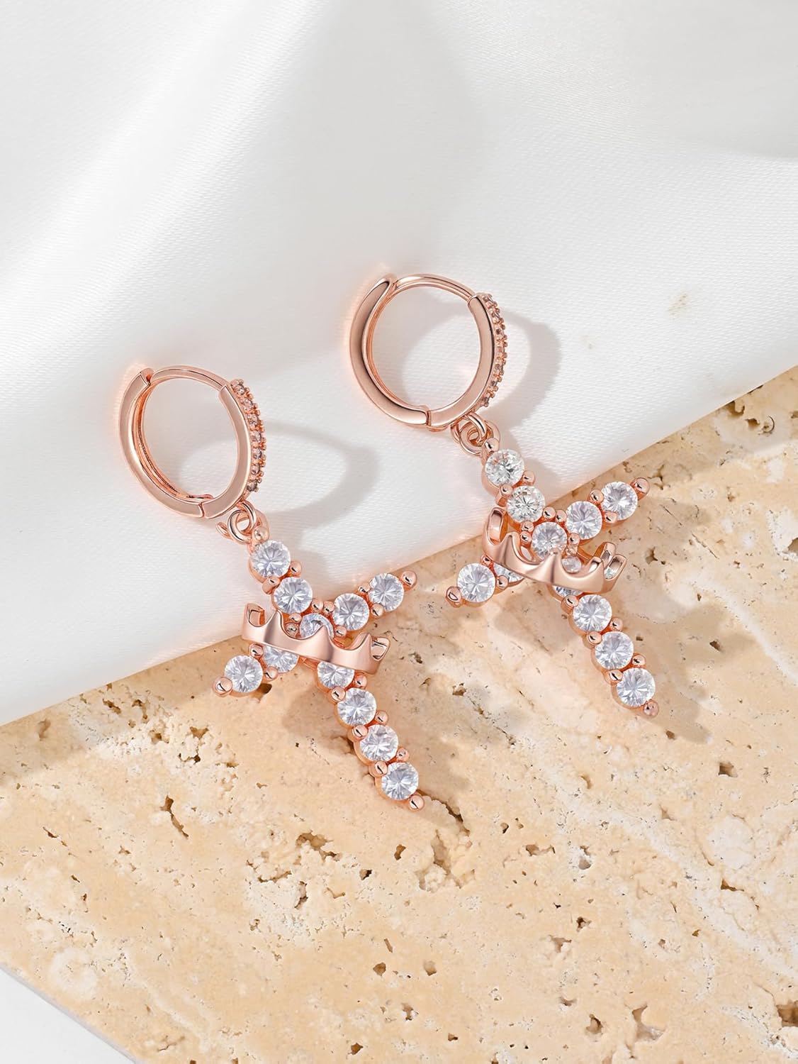 Hersin Crown Cross Earrings for Women 18K Gold Plated Diamond Drop Dangle Cross Hoop Earrings Small CZ Huggie Hoops Faith Cross Jewelry Gifts for Women Men - Image 5