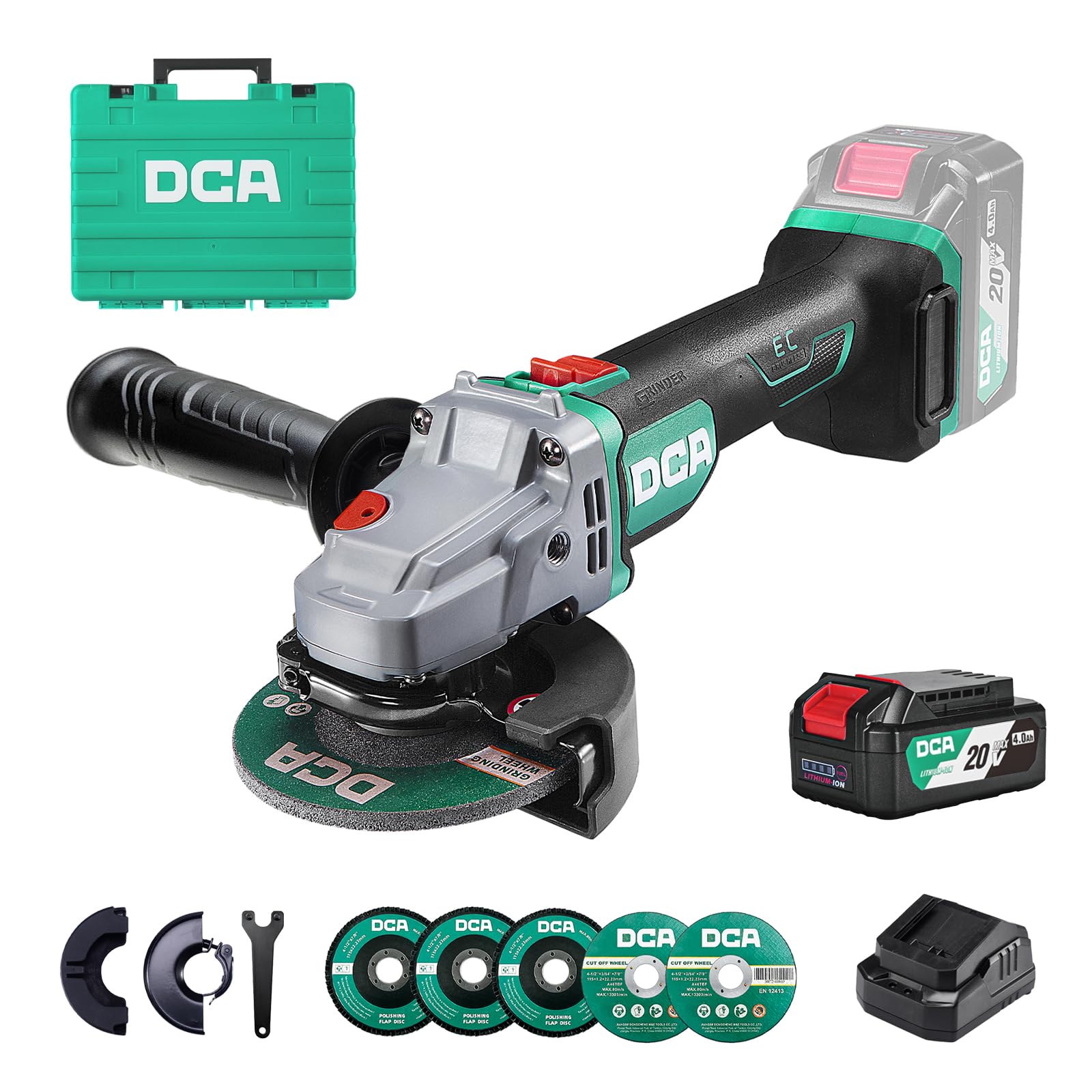 DCA Cordless Angle Grinder 125MM, 20V Brushless Motor 8500RPM, Battery Grinder Tool-Free Guard, 4.0Ah Battery & Charger, Power Electric Cut Off Tool with 6 Discs for Cutting, Grinding, Polishing