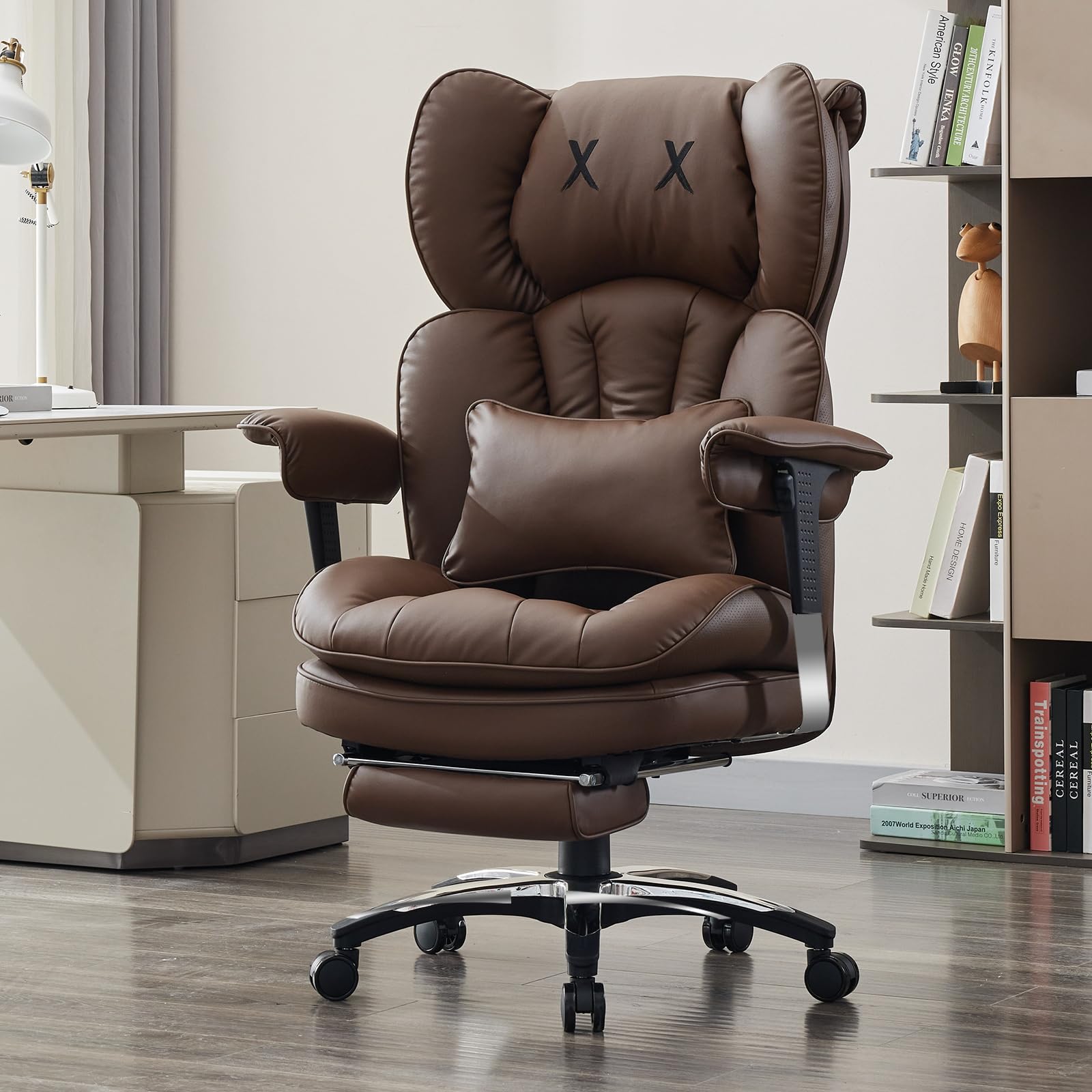 Efomao Big and Tall Office Chair, X-Embroidery PU Leather Home Chair, Adjustable High Back Computer Gaming Chair, 200kg Swivel Executive Office Chair with Footrest and Lumbar Support, Brown