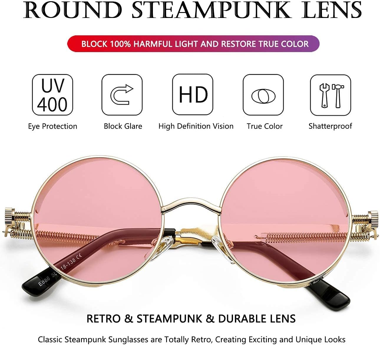 AIEYEZO Round Steampunk Sunglasses for Men Women Retro Gothic Sun Glasses Round Metal Frame Ladies Shades - Image 4