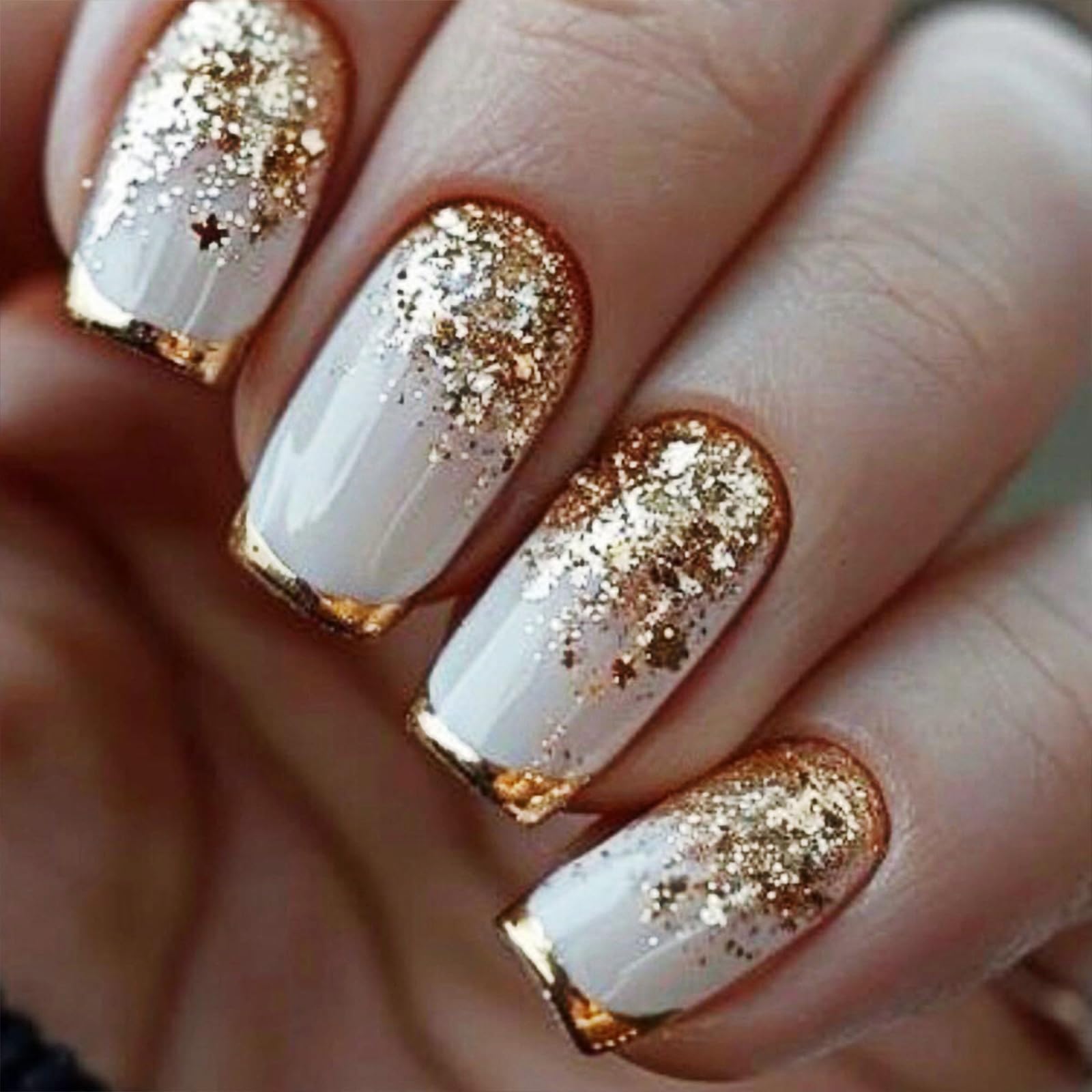 French Tip Press on Nails Medium Square Fake Nails with Designs Gold Glitter Acrylic Nails Full Cover White Glue on Nails Reusable Artificial Stick on