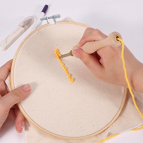 Miniatura 6 de Pllieay Kit de iniciación de 19 agujas perforadoras con aro de bordado, punzón de aguja de madera ajustable, paño de acolchonamiento, kit de gancho