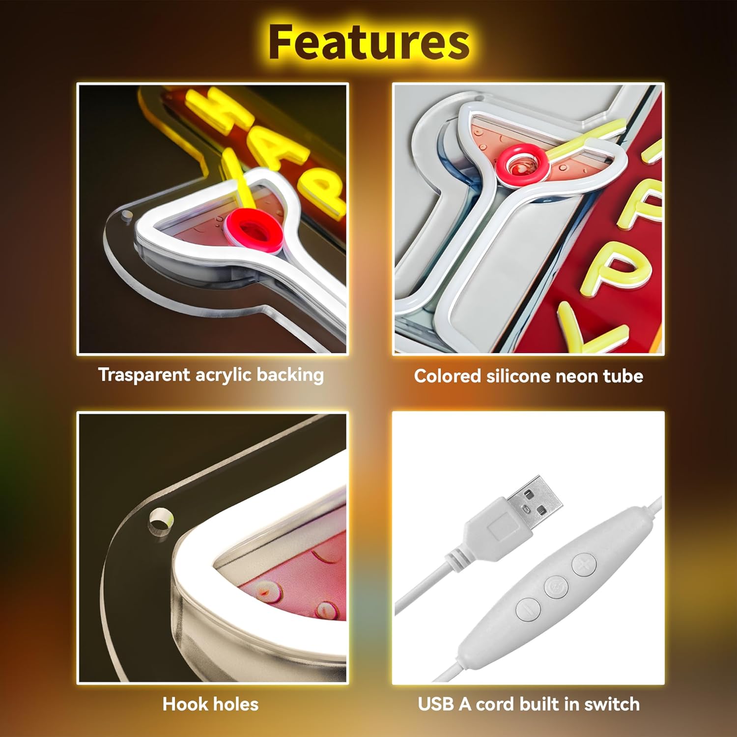 Happy Hour Neon Signs Dimmable Retro Led Happy Hour Club Neon Light for Bar Club Pub Party USB Powered Neon Light Sign Man Cave Gifts(Yellow) - Image 7