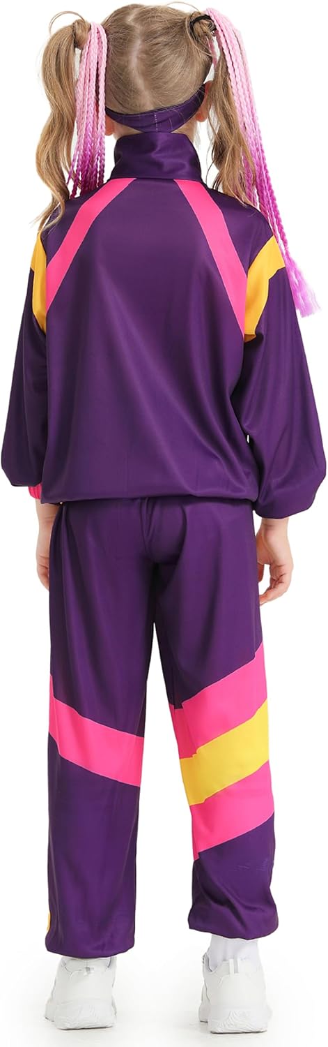 Kids 80s Retro Tracksuit Costume Outfit Jacket Pants Headband Set Vintage Dance Party Performance Wear Unisex