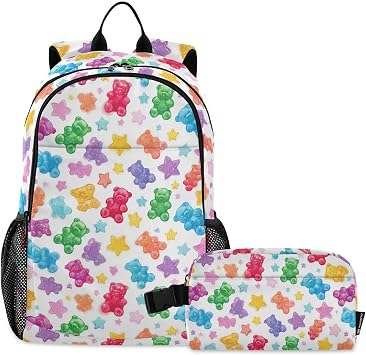 Kids Backpack Set with Lunch Box Colorful Gummy Bears Stars Preschool Backpack Bookbag School Bag Cute Backpack Set for Teen Girls Boys