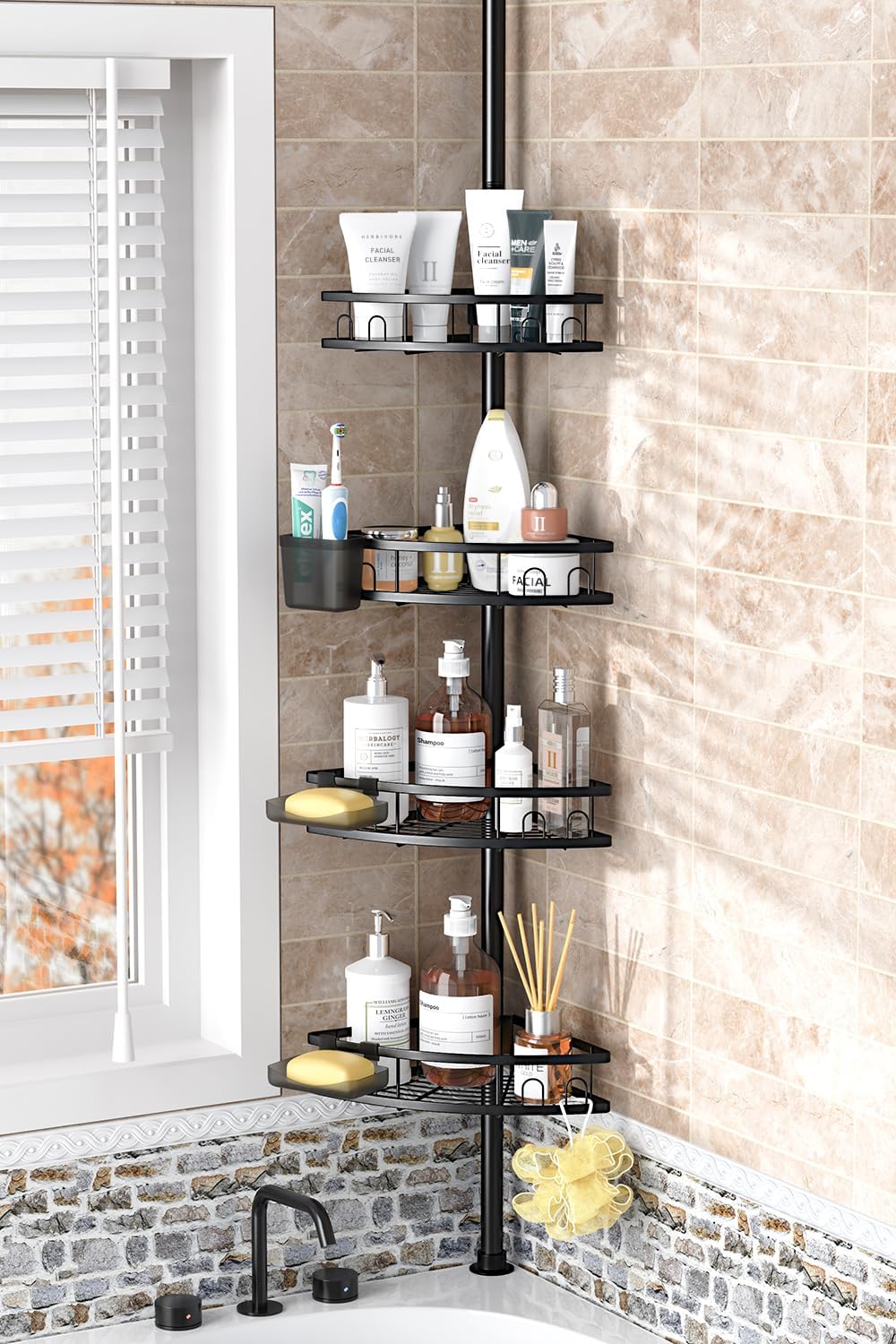 Tension Pole Shower Caddy Corner: Adjustable 4tier Bathroom Organizer Shelves - Rustproof Bathtub Shampoo Rack 43.5-120 inch