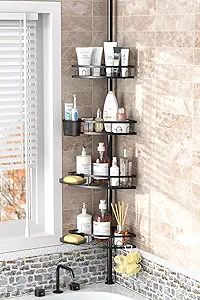 Tension Pole Shower Caddy Corner: Adjustable 4tier Bathroom Organizer Shelves - Rustproof Bathtub Shampoo Rack 43.5-120 inch