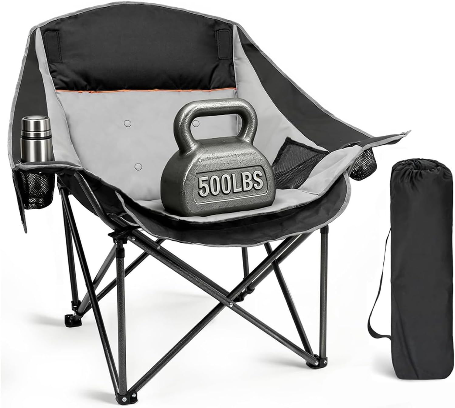 Slendor Oversized Camping Chair, 500 LBS Heavy Duty Support, Portable Padded Outdoor Folding Chairs, with Cup Holder & Carry Bag, for Lawn, Beach, Hiking, Black & Gray