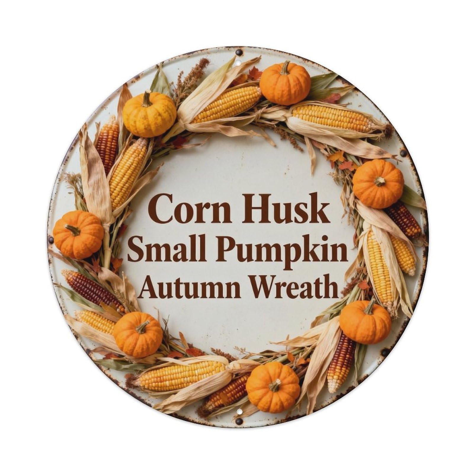 Corn Husk Small Pumpkin Autumn Wreath Metal Tin Sign Plaque