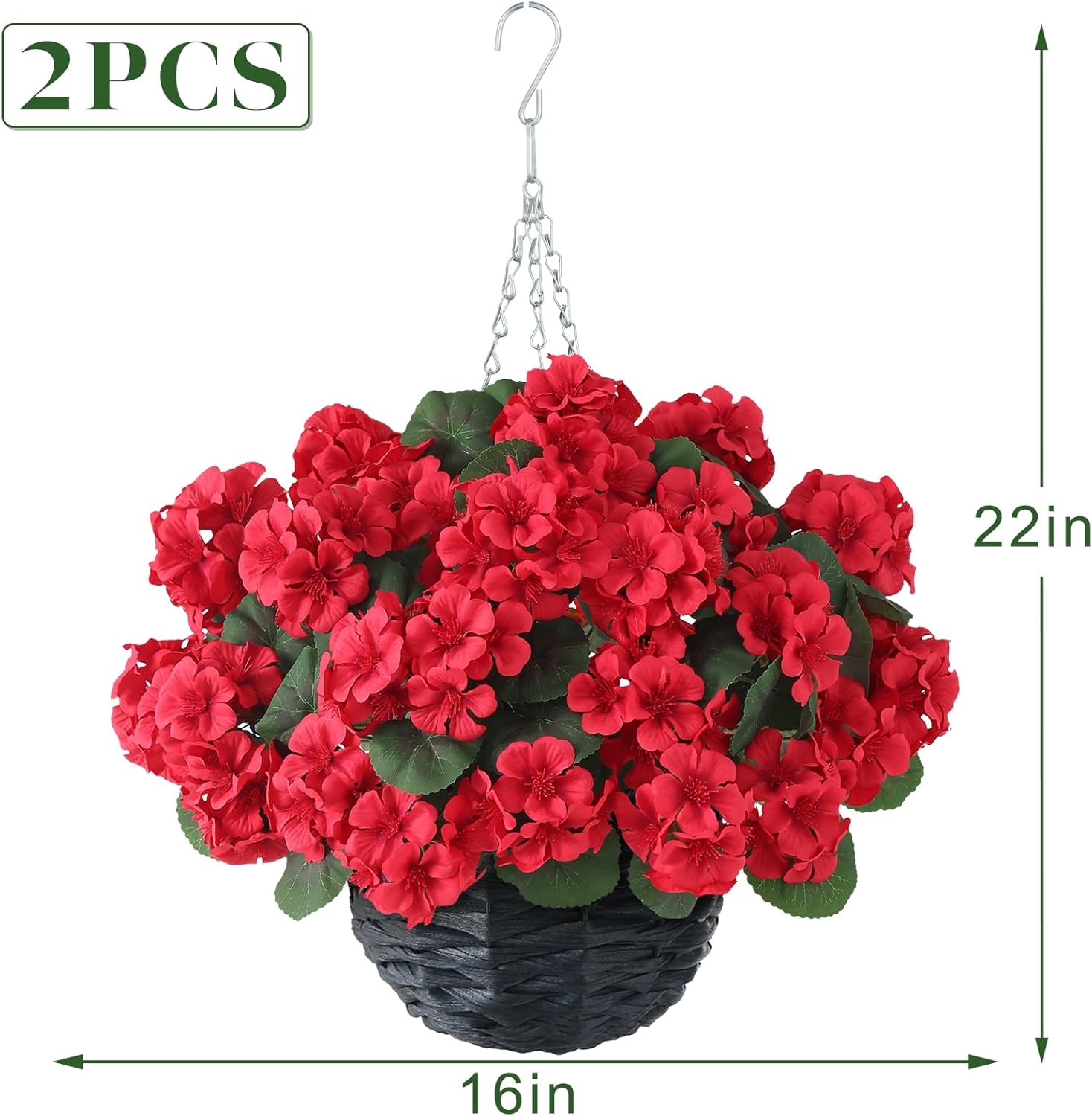 2 Set Artificial Geraniums Flowers with Hanging Baskets for Outdoors - Sun Resistant Silk with Geranium Flowers, Fake Hanging Planters for Front Porch Garden Patio Home Decor (Red)
