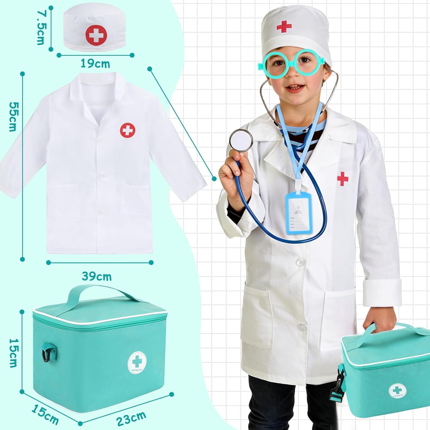 Malette Docteur Enfant,Kit de Médecin Jouets Déguisement de Docteur Accessoires en Bois avec Stéthoscope,Thermomètre,Capsule,Jeu d'imitation Cadeau pour Fille Garçon Enfant 3+ Ans - Vert - 4