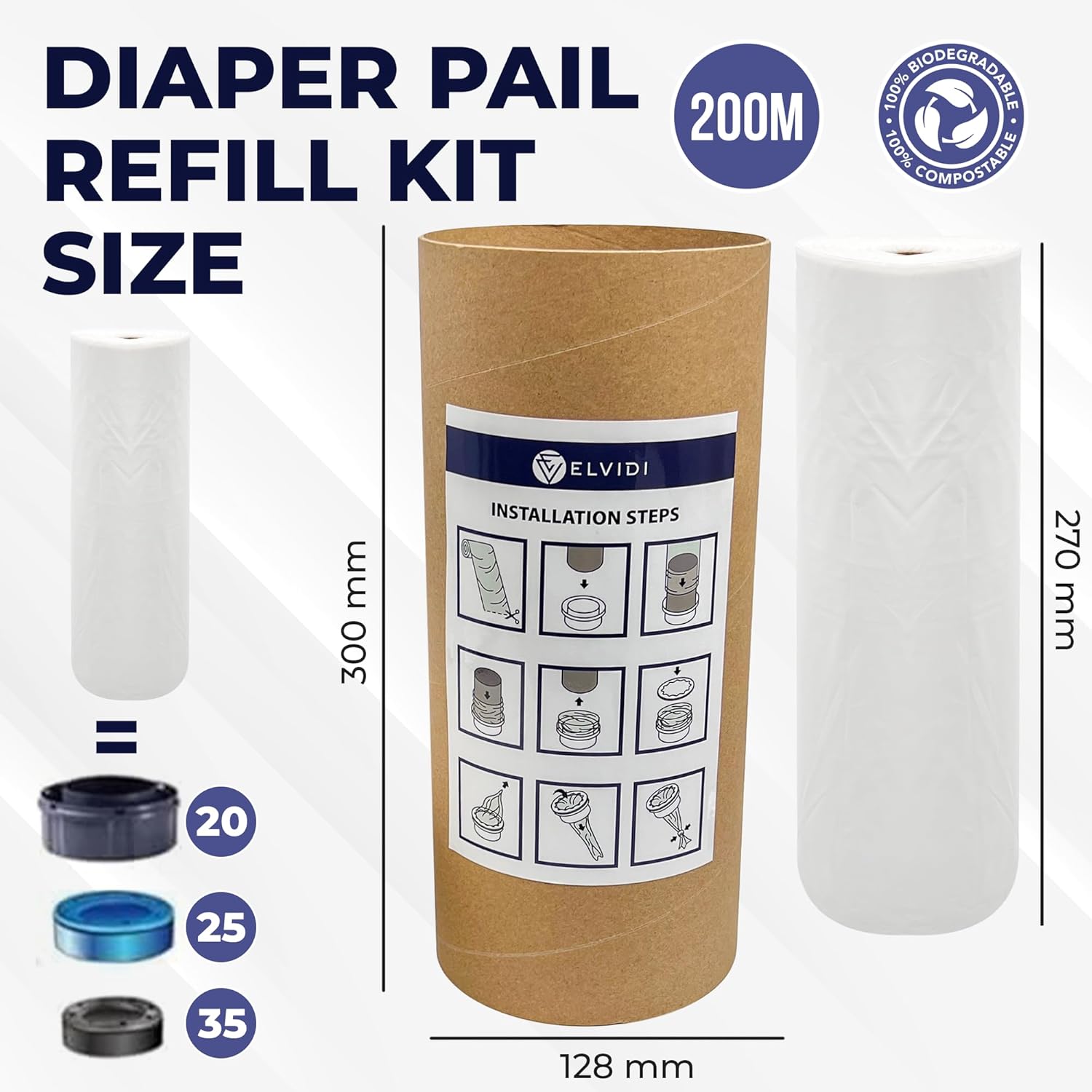 [200M Long] Diaper Pail Refill – Universal for Diaper Disposal Systems | Refill Your Empty Cassette | Fits Diaper Genie, Ubbi & More | Odor-Blocking, Leak-Proof | ELVIDI Brand