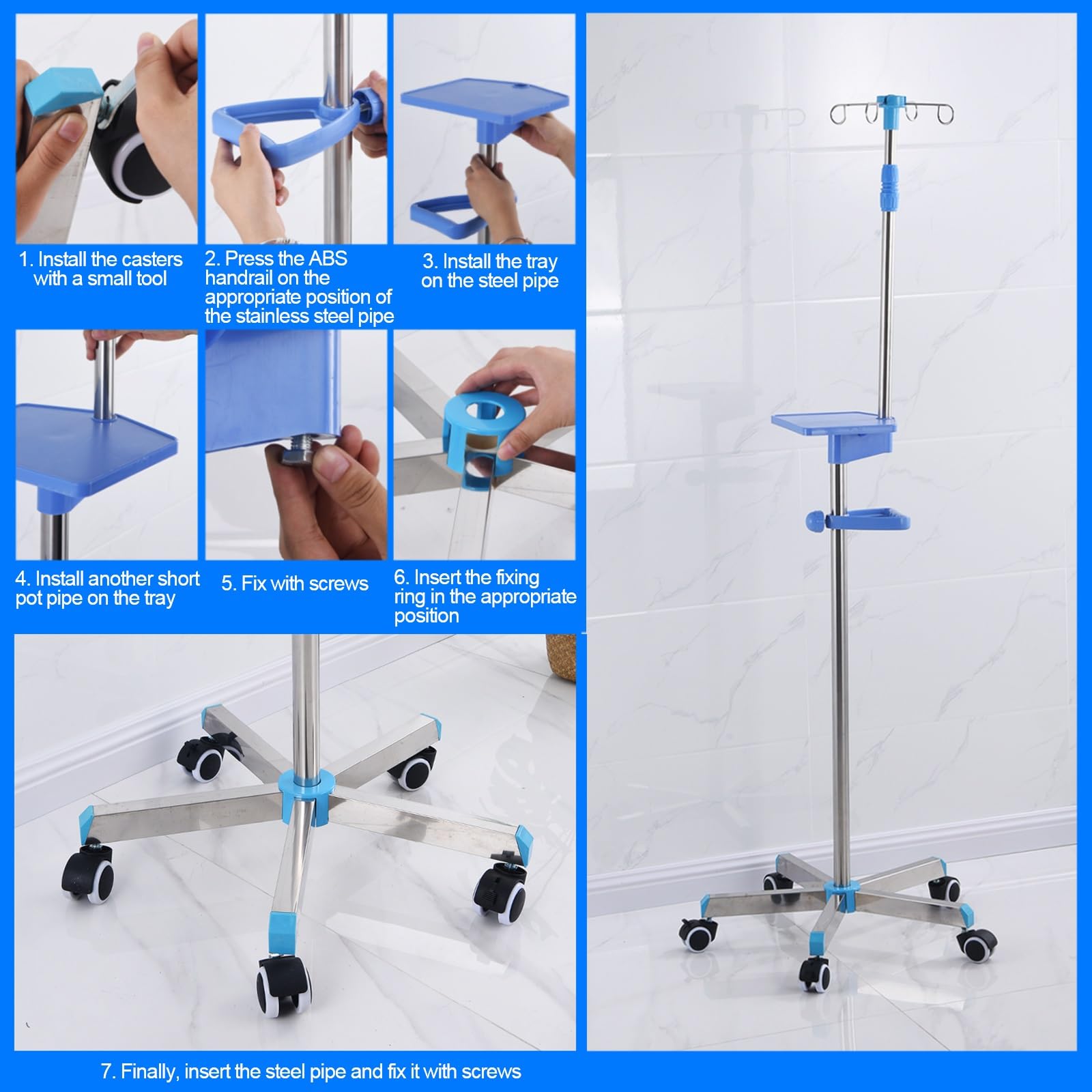 Carros Portasueros, Soporte Suero Intravenoso, Porta Sueros Ajustables, Medical IV Pole Soporte para Atención Médica Domiciliaria en Clínicas y Viajes(Gris)