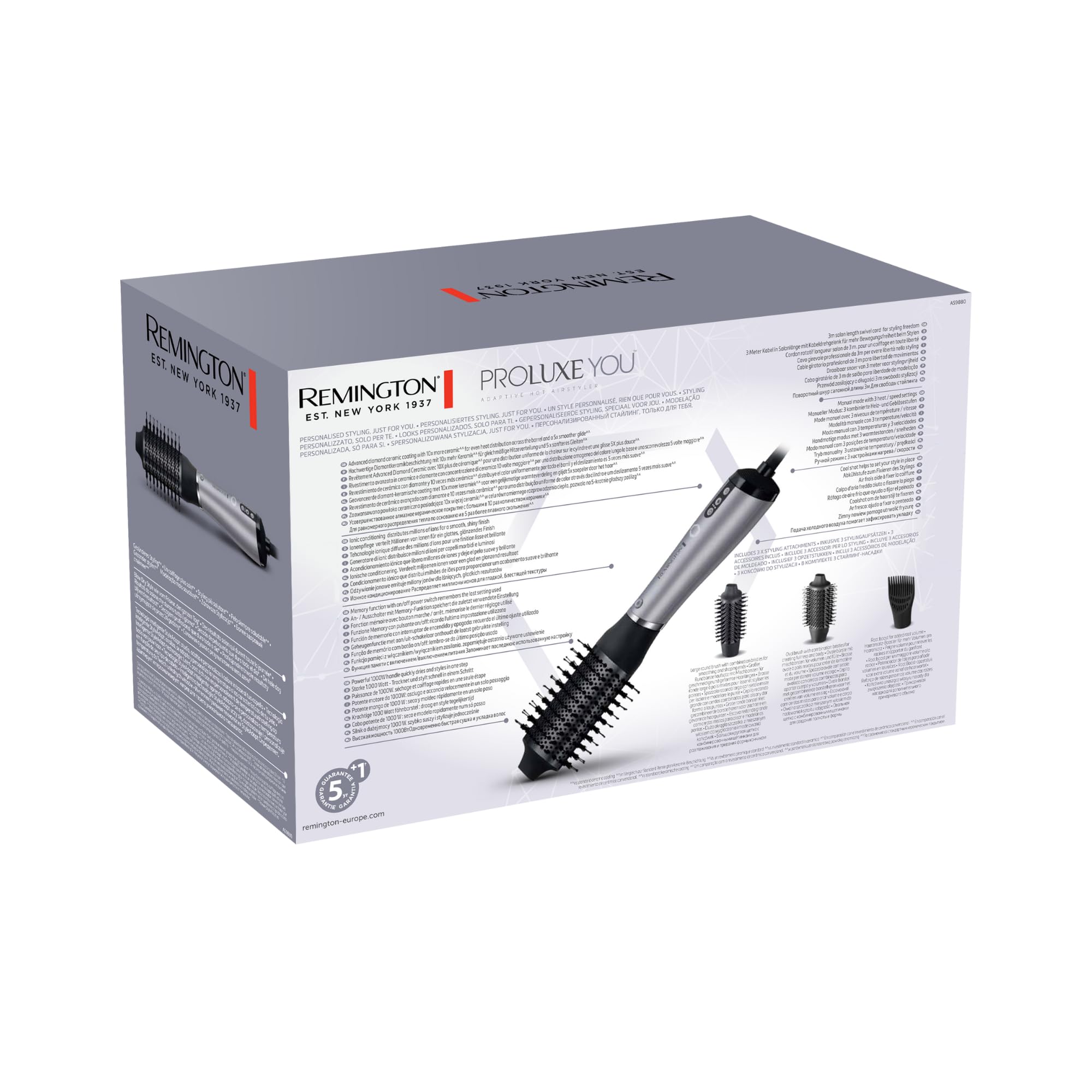 Remington Szczotka do ciepłego powietrza [3 nasadki do stylizacji, Intelligent StyleAdapt uczą się i spersonalizowane ciepło] PROluxe You (diamentowa powłoka ceramiczna, generator jonów, wzmacniacz