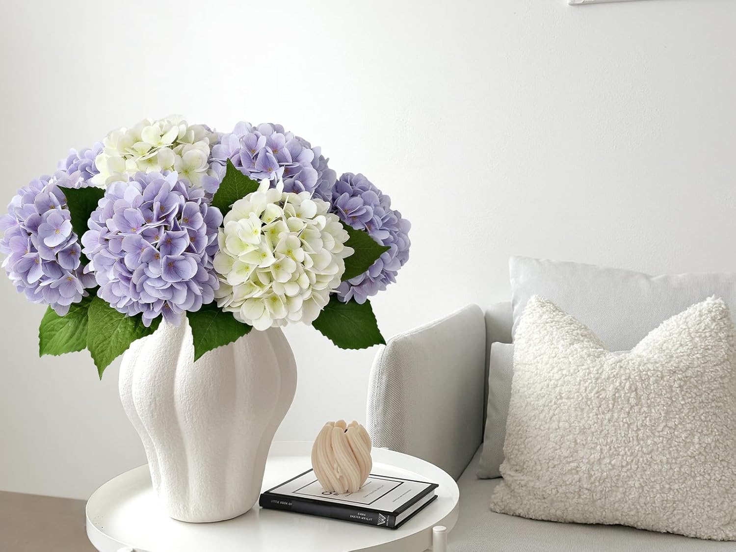 Pale Purple Hydrangea Artificial Flowers, 19.6" 4PCS Fake Real Touch Large Faux Hydrangea Silk Bouquet with Green Stems Leaves Plant Outdoor Indoor Family Table Office Decoration - Image 7