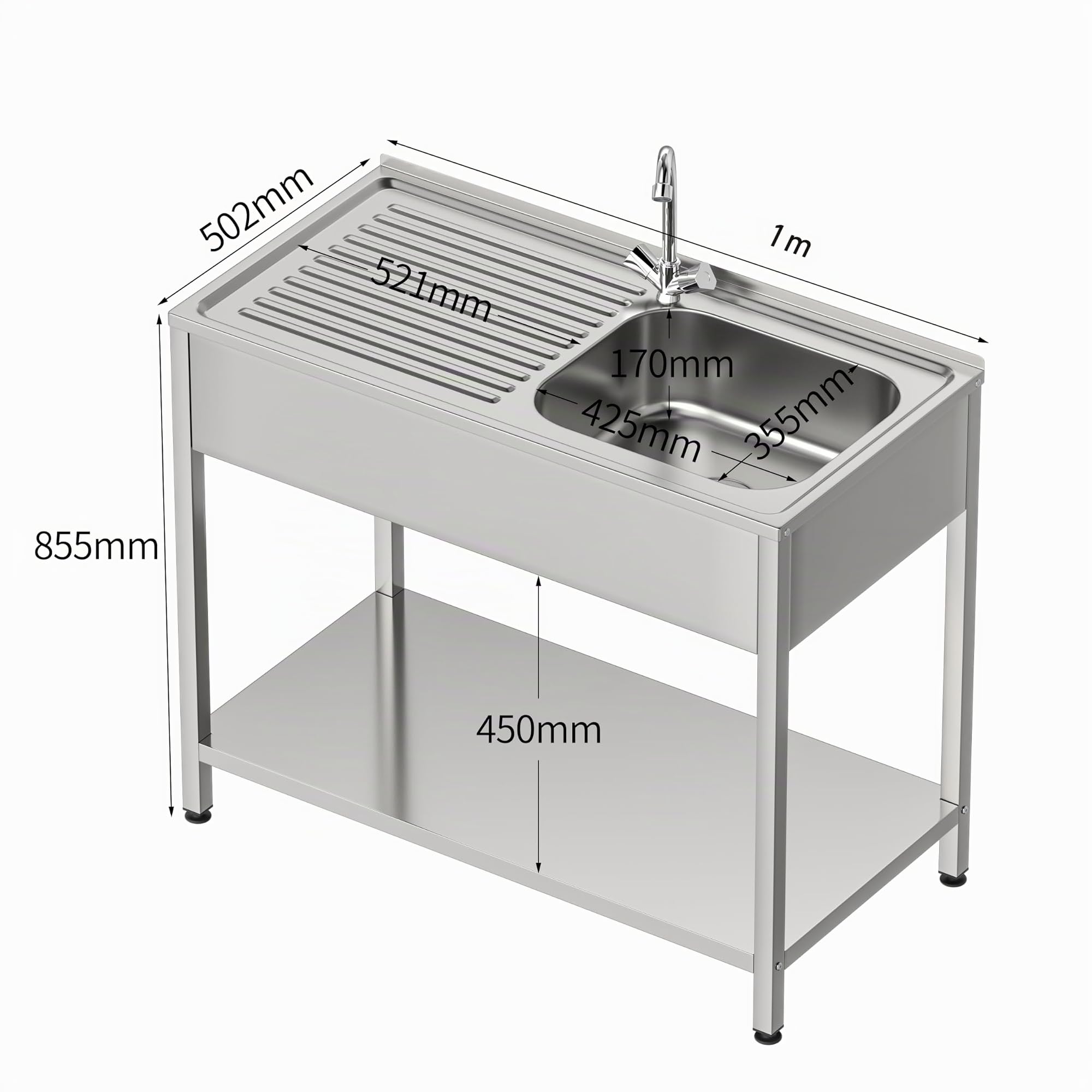 Fregadero Industrial Acero Inoxidable | 1 Seno con Escurridor | 1000x500x850 mm | Acabado Pulido Satinado | Ideal Hostelería, Barra y Cocina Profesional