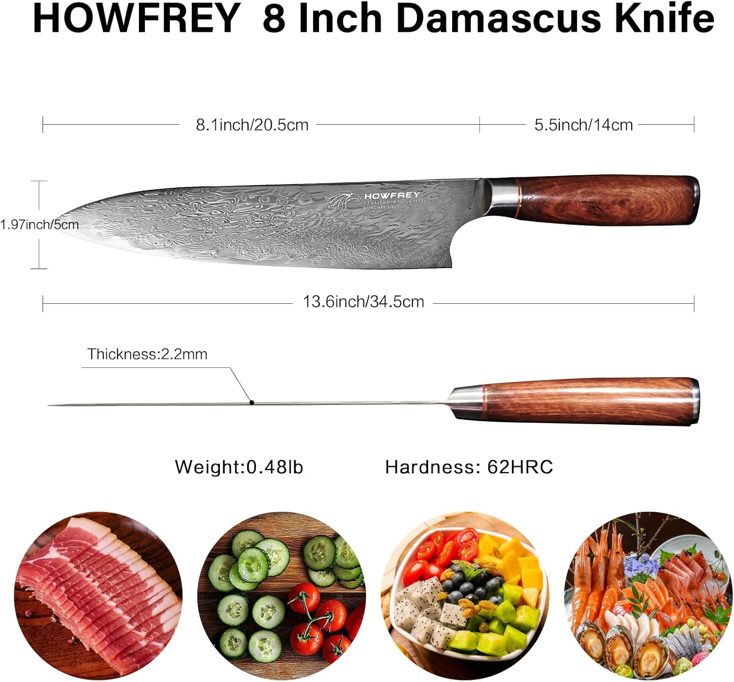 Damascus Chef Knife, 8 Inch 67-Layer Japanese Kitchen Knives Sharp VG-10 High Carbon Stainless Steel with Ergonomic Red Sandalwood Handles, for Home Kitchen Gift Idea