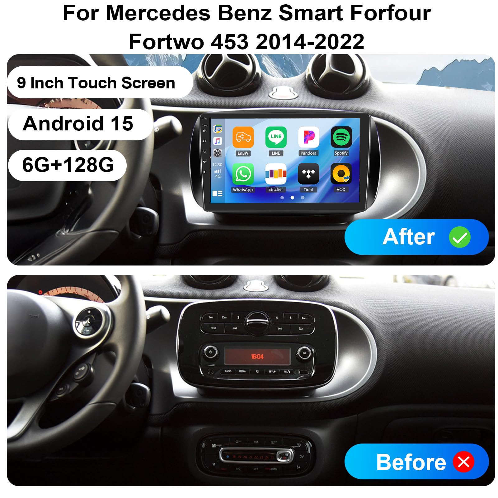 Android 15, 6G+128G GOHHDL Radio Coche 2Din para Mercedes Benz Smart Forfour Fortwo 453 2014-2022 con Carplay Android Auto, Pantalla Táctil de 9 Pulgadas con Mirror Link GPS WiFi BT FM/RDS EQ Cámara