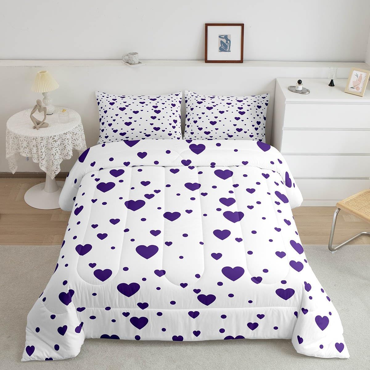 Feelyou Purple Hearts Comforter Full Size, Purple and White Reversible Comforter Set Kids Cute Love Hearts Bedding Set for Boys Girls Geometric Pattern Duvet Set Microfiber Bed Set Reversible