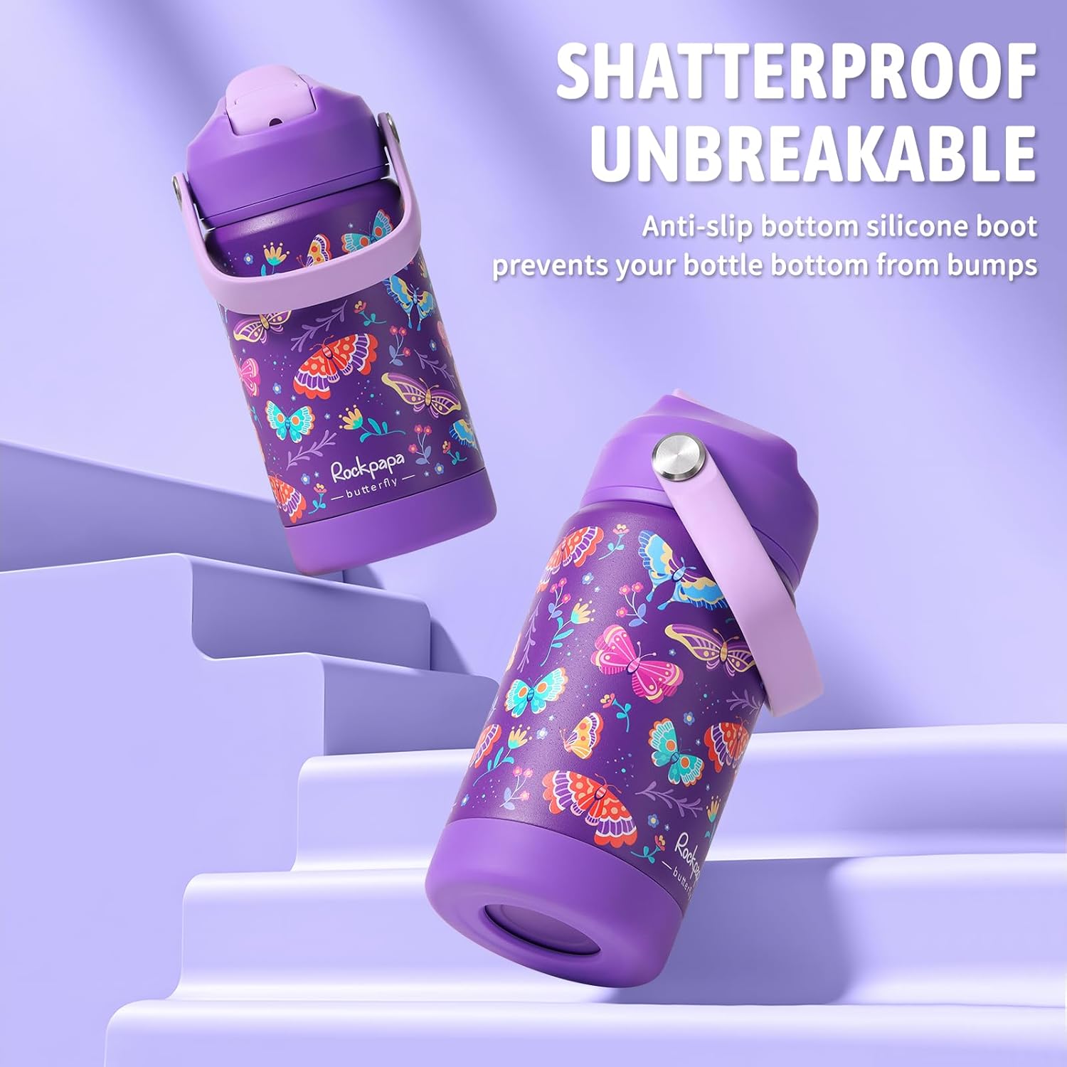 rockpapa 14 oz Kids Insulated Water Bottle,Stainless Steel Toddler Cups with Straws, BPA Free, Leak-Proof, Kids Water Bottle for School Boys& Girls (Purple Butterfly) - Image 5