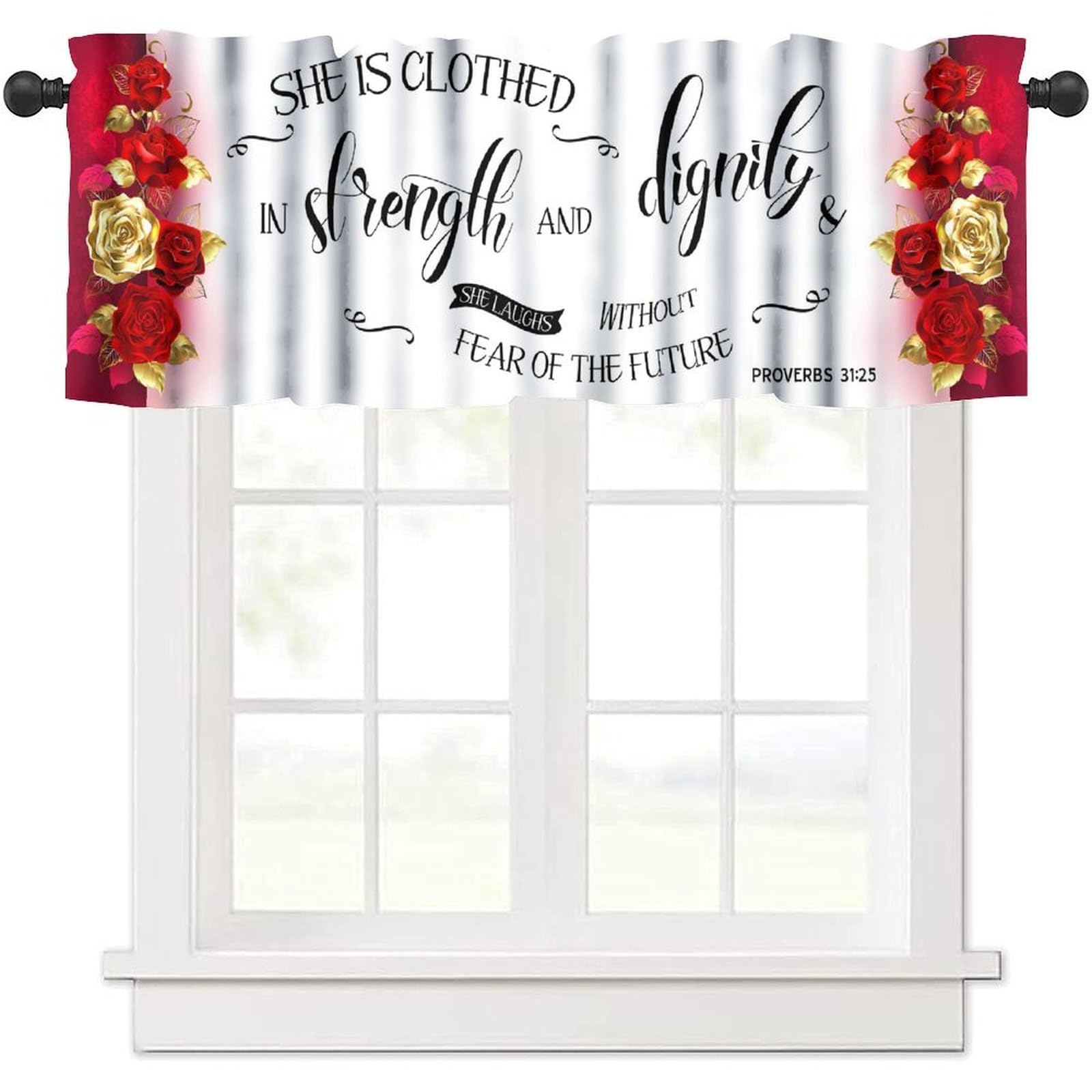 moderw Red Gold Rose Valance Curtains, Vintage Romantic Floral Christian Scripture Quotes Bible Verse Window Treatment Valance for Farmhouse Kitchen Bedroom Living Room 54x18inch
