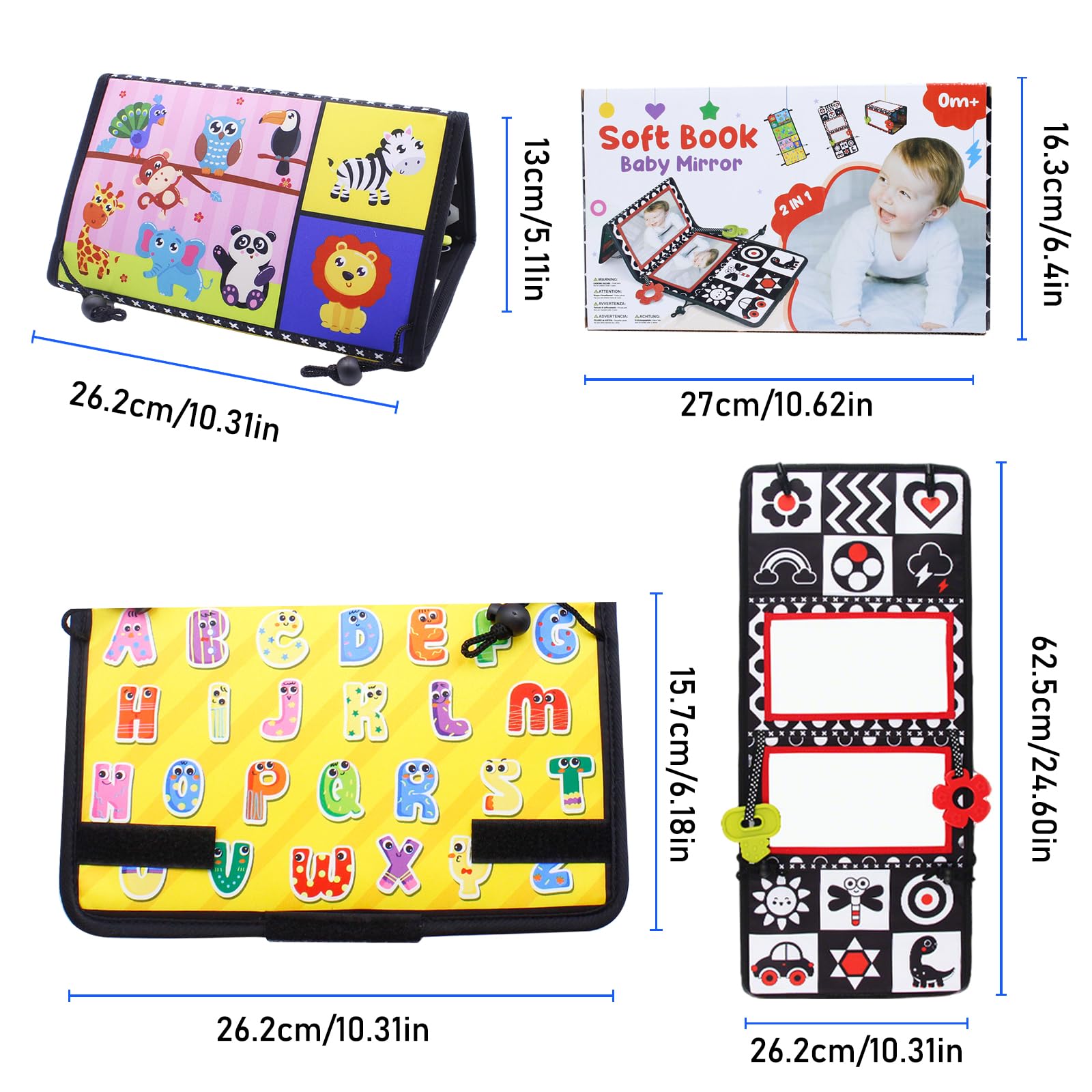 Zabawka z lustrem dla dzieci, składane podparcie brzucha, karta kontrastowa, książka z tkaniny, lustro dla dzieci, montaż stojący/oparty, rozmiar 15 x 10 cm
