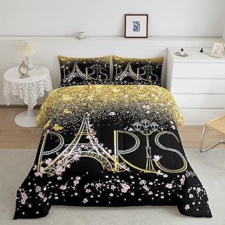Feelyou Paris Bedding Sets Twin Size Girls Pink Floral Eiffel Tower Comforter Set Glitter Gold Black All Season Down Comforter Valentines Room Decor Romantic France Quilt Set 2Pcs, with 1 Pillow Case