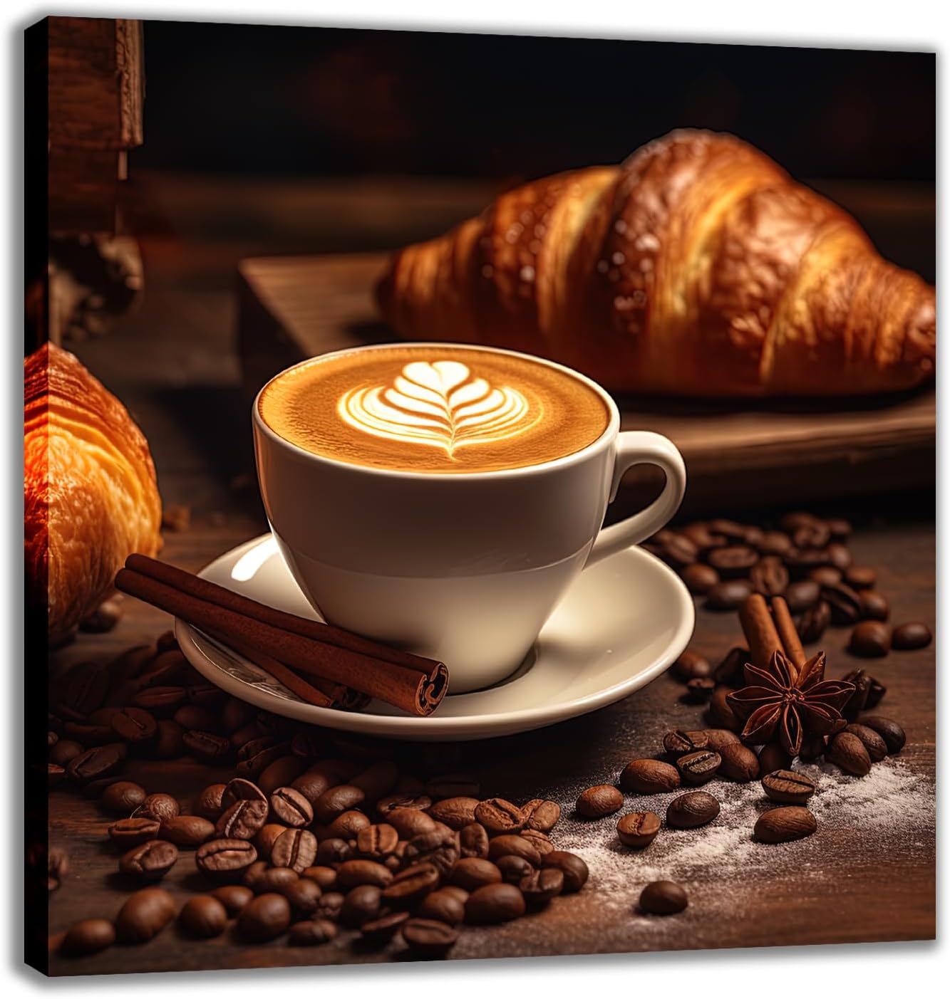 Coffee and Bread Canvas Wall Art, Coffee and Bread with Coffee Beans on the Wooden Table Painting Print Rustic Kitchen Still Life Poster Picture for Coffee Shop Dining Room Decor(Artwork-03, 12"x12")